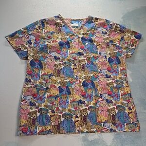 VTG Crest Teddy Bear Patriotic Women L Scrub Top Multi USA Unisex Men Oversized